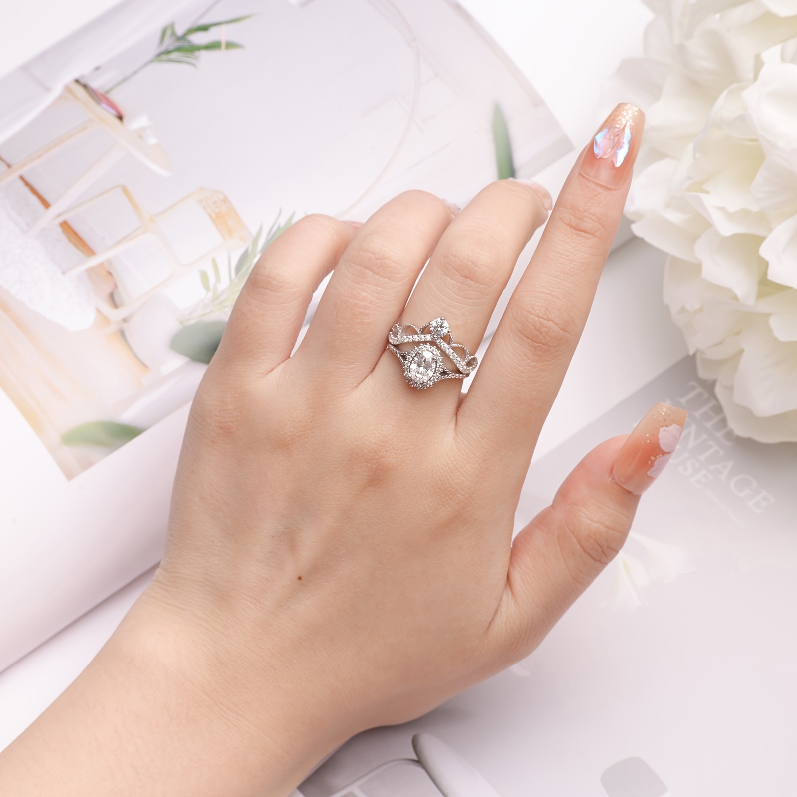 S925 Silver Ring Moissanite Stone Crown Tiara Wedding Band Mother's Ring